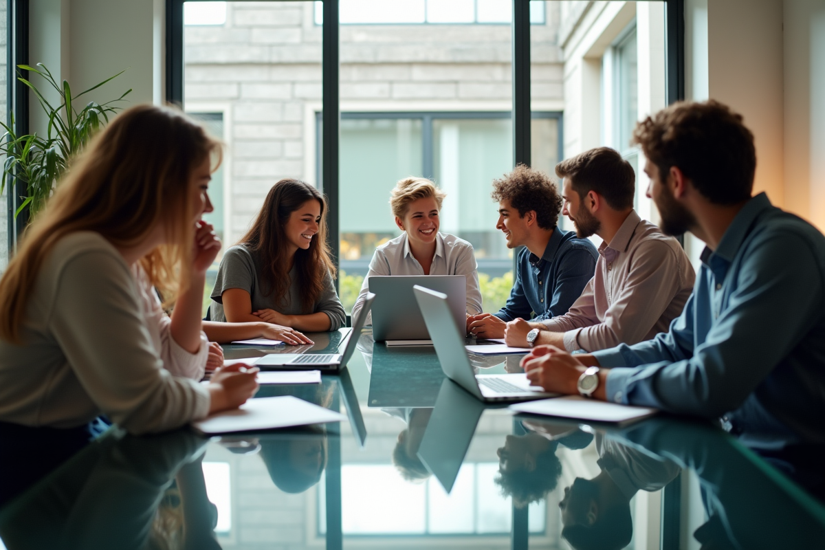 Groupe de jeunes adultes en réunion créative dans un bureau moderne