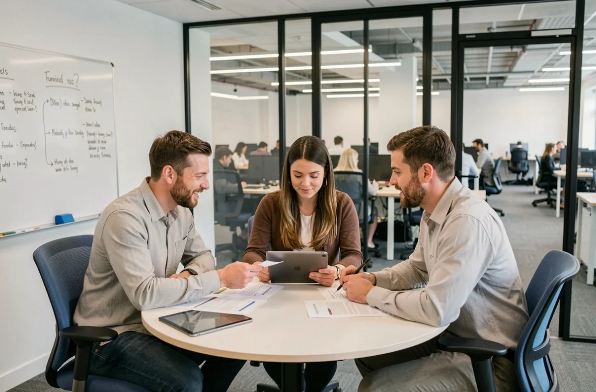 Équipe de professionnels en réunion dans une salle de coworking vitrée à Nanterre