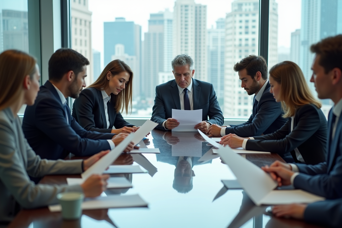 Groupe de professionnels discutant autour d