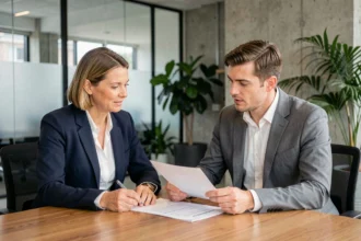 Réunion professionnelle entre une responsable RH et un consultant en portage salarial dans un bureau moderne