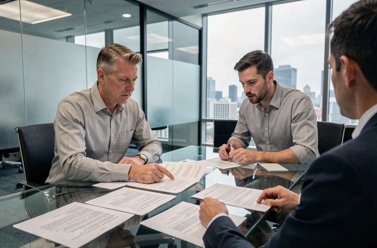 Réunion professionnelle entre un salarié porté et un consultant autour d'un contrat de portage salarial à vérifier ensemble