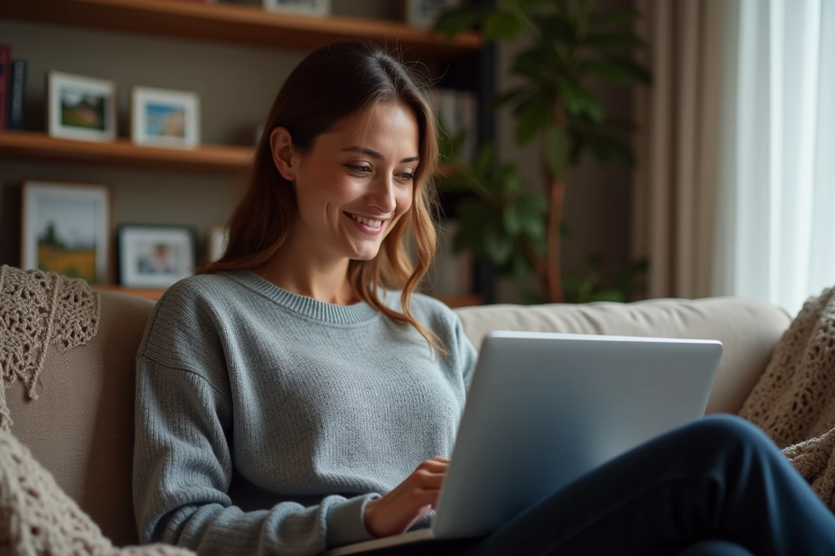 Salariée Loxam consultant les avantages du CE depuis son domicile sur un ordinateur portable
