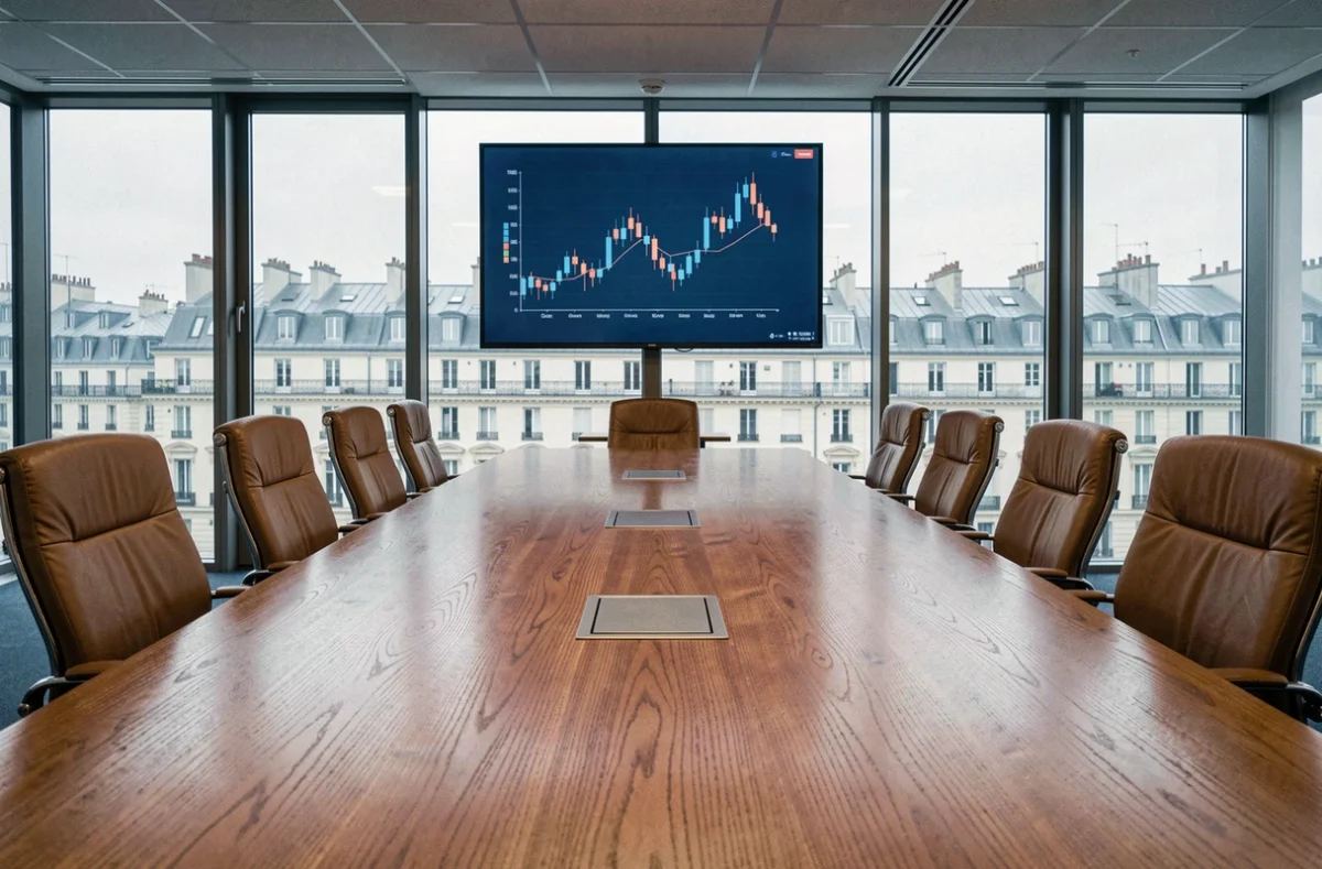 Salle de conseil d'administration vide dans une banque française, symbolisant une décision de l'État actionnaire