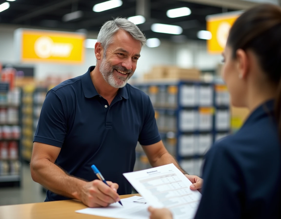 Client signant un devis dans un magasin avec un vendeur, illustrant les différences de droit de rétractation en magasin