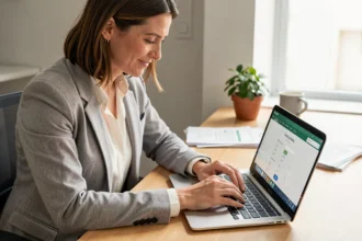 Femme professionnelle réalisant une simulation de portage salarial en ligne sur son ordinateur portable dans un bureau à domicile moderne