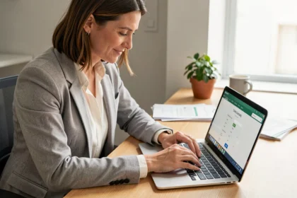 Femme professionnelle réalisant une simulation de portage salarial en ligne sur son ordinateur portable dans un bureau à domicile moderne