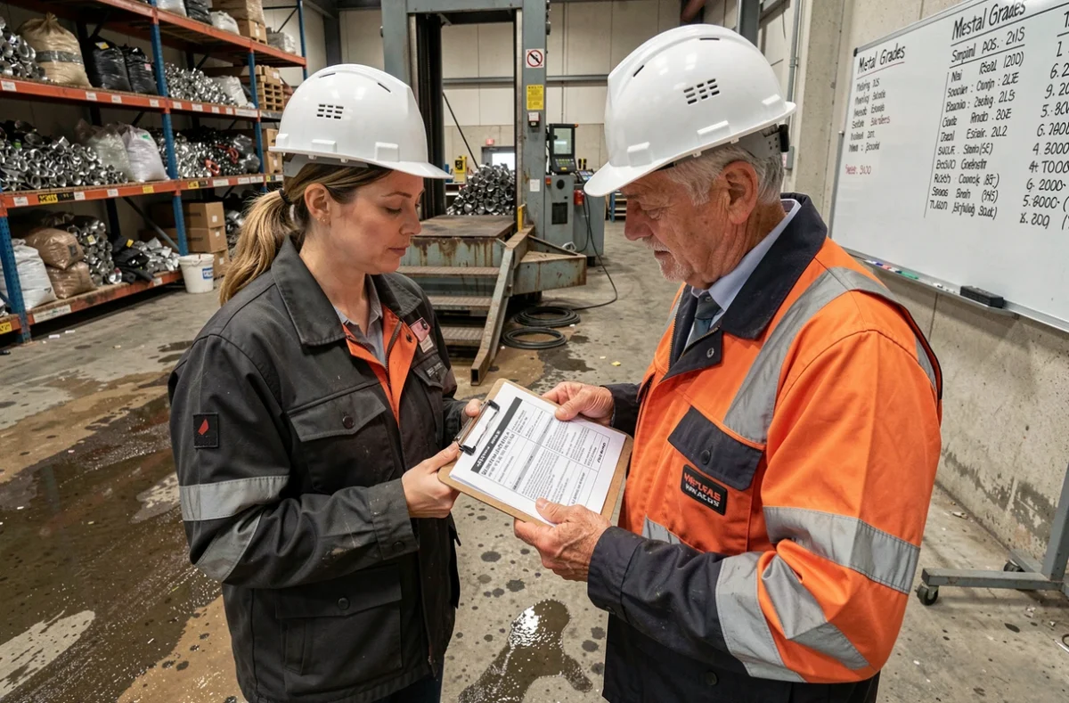 Deux professionnels consultant une simulation de prix ferraille sur une balance industrielle dans un centre de recyclage