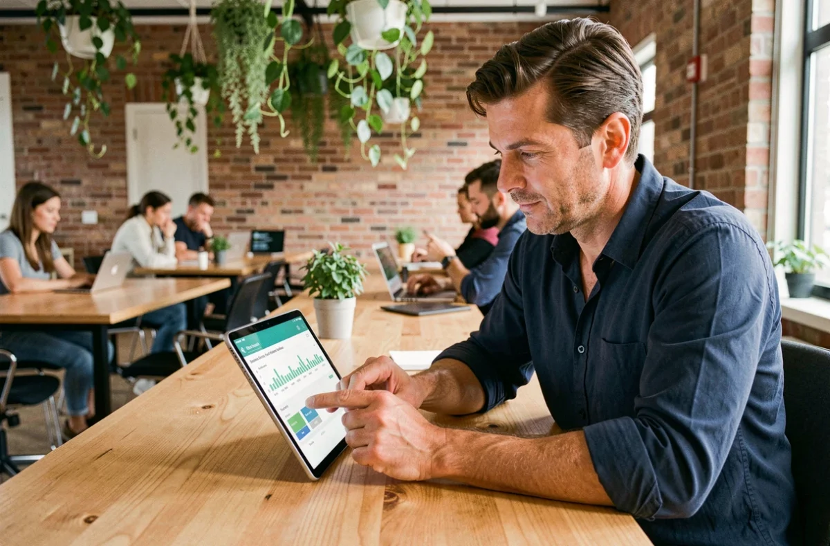 Homme consultant une simulation de salaire en portage salarial sur une tablette dans un espace de coworking