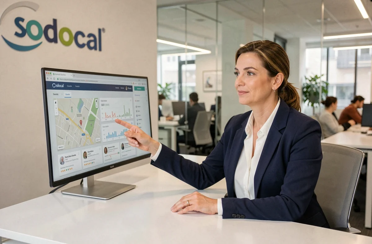 Professionnelle de Solocal présentant un tableau de bord SEO local pour des entreprises en Seine-Saint-Denis