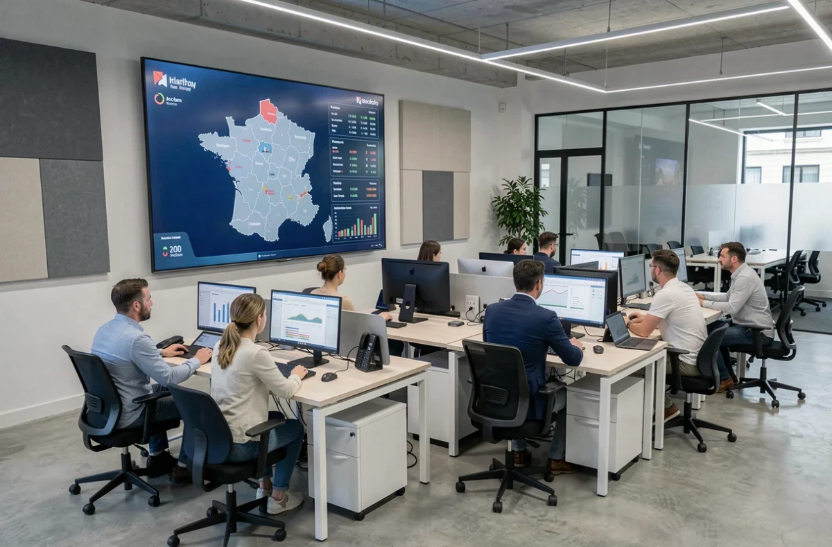 Bureau de l'agence nationale Sorank avec une carte de couverture SEO de France mettant en avant le Morbihan