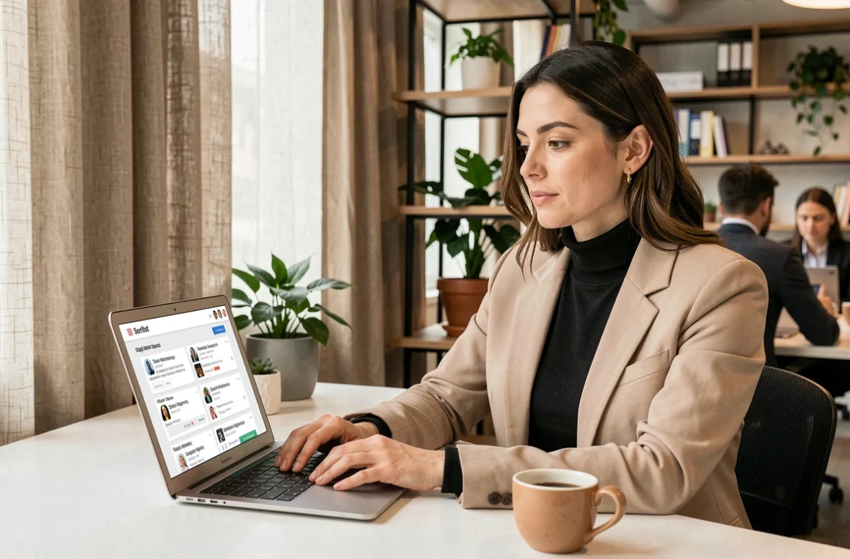 Professionnelle utilisant la plateforme Sortlist pour trouver des agences partenaires de marketing digital en Seine-Saint-Denis