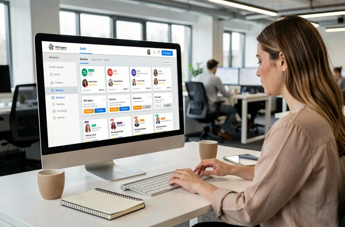 Utilisatrice consultant la place de marché Sortlist pour comparer des agences SEO disponibles dans le Morbihan
