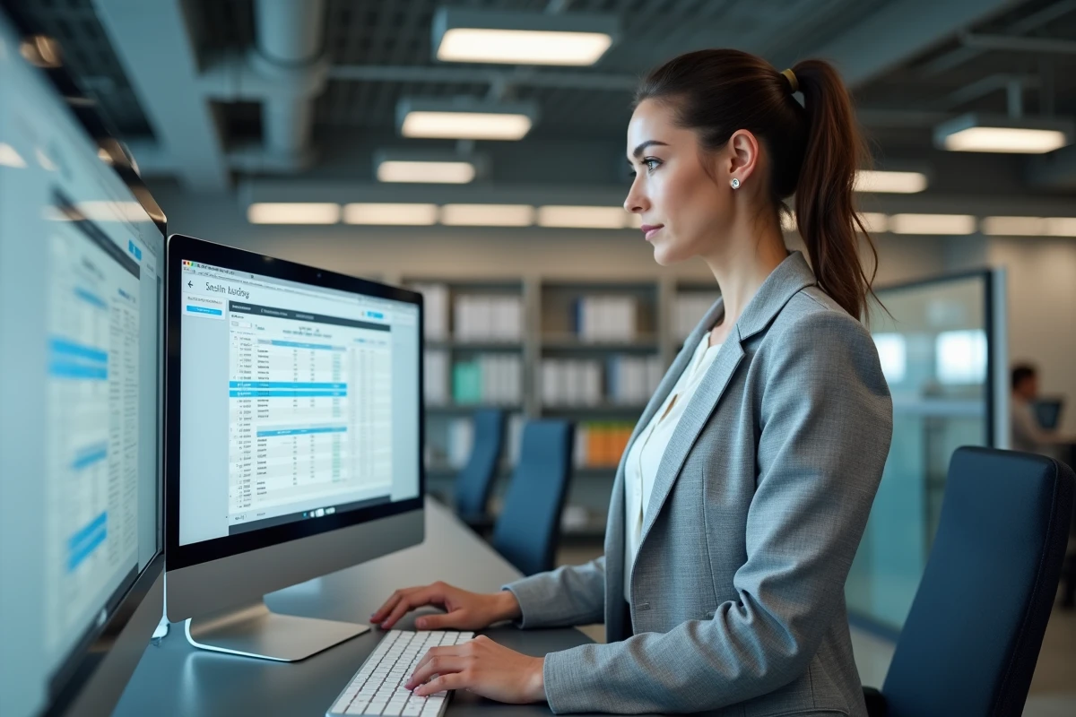 Spécialiste BTP féminine consultant une plateforme de centralisation de devis en ligne sur double écran dans un bureau moderne