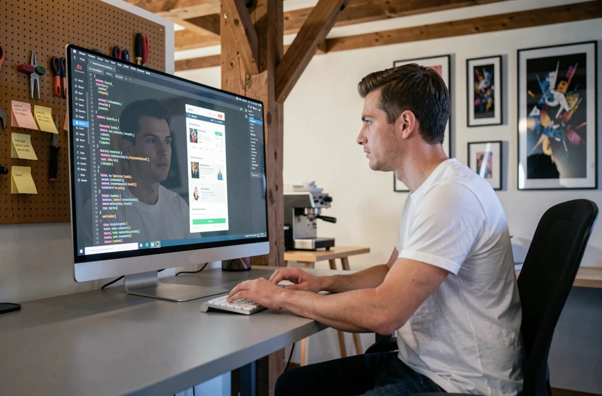 Développeur web de Studio Belmonte codant une interface de site internet dans un studio créatif de petite taille