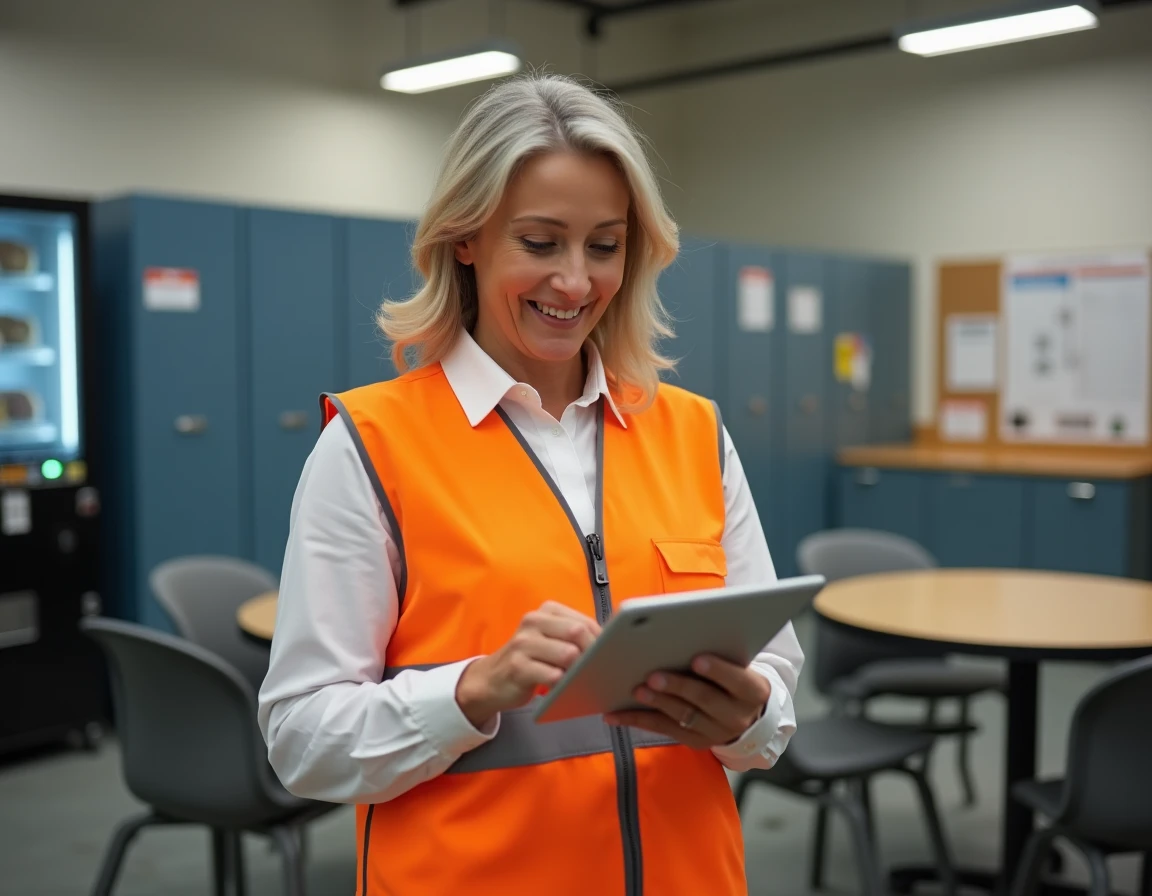 Superviseure Amazon consultant une tablette dans la salle de pause d'un entrepôt logistique