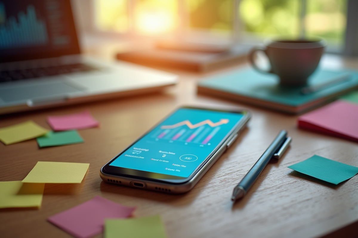 Smartphone affichant un graphique en hausse sur un bureau créatif
