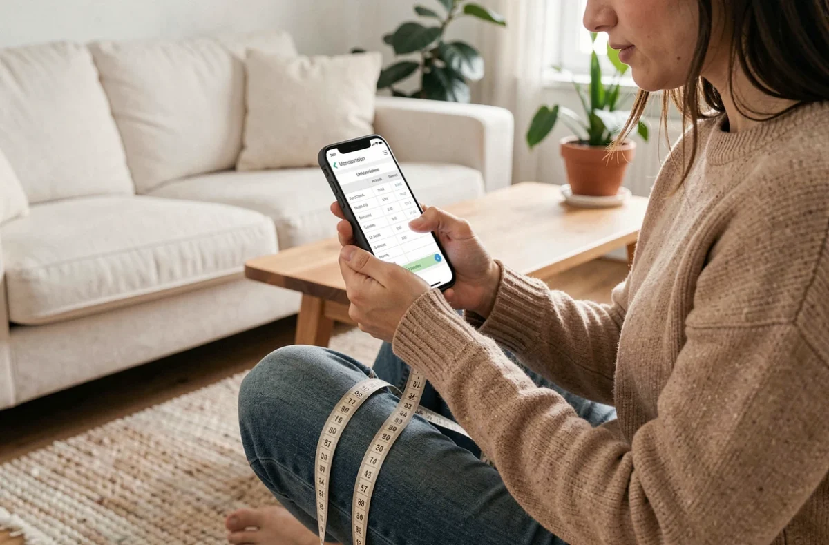 Jeune femme consultant un tableau de conversion pouces centimètres sur son smartphone avec un ruban à mesurer dans un salon moderne