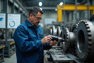 Technicien utilisant un testeur de durete sur une grande roue en acier