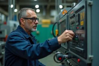 Technicien CNC surveillant une fraiseuse CNC MC en atelier mécanique professionnel
