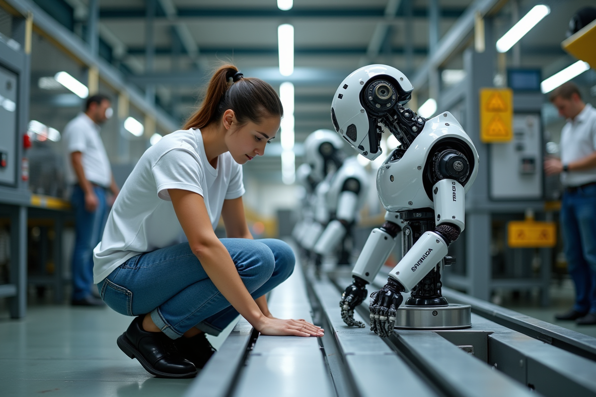 Jeune technicienne en robotique ajustant un bras robotique dans l