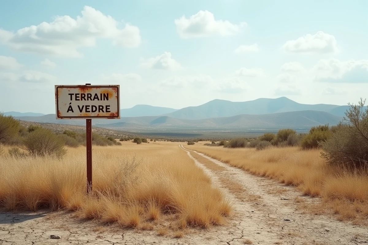 Terrain commercial vide en périphérie d'une ville corse avec panneau à vendre et végétation méditerranéenne