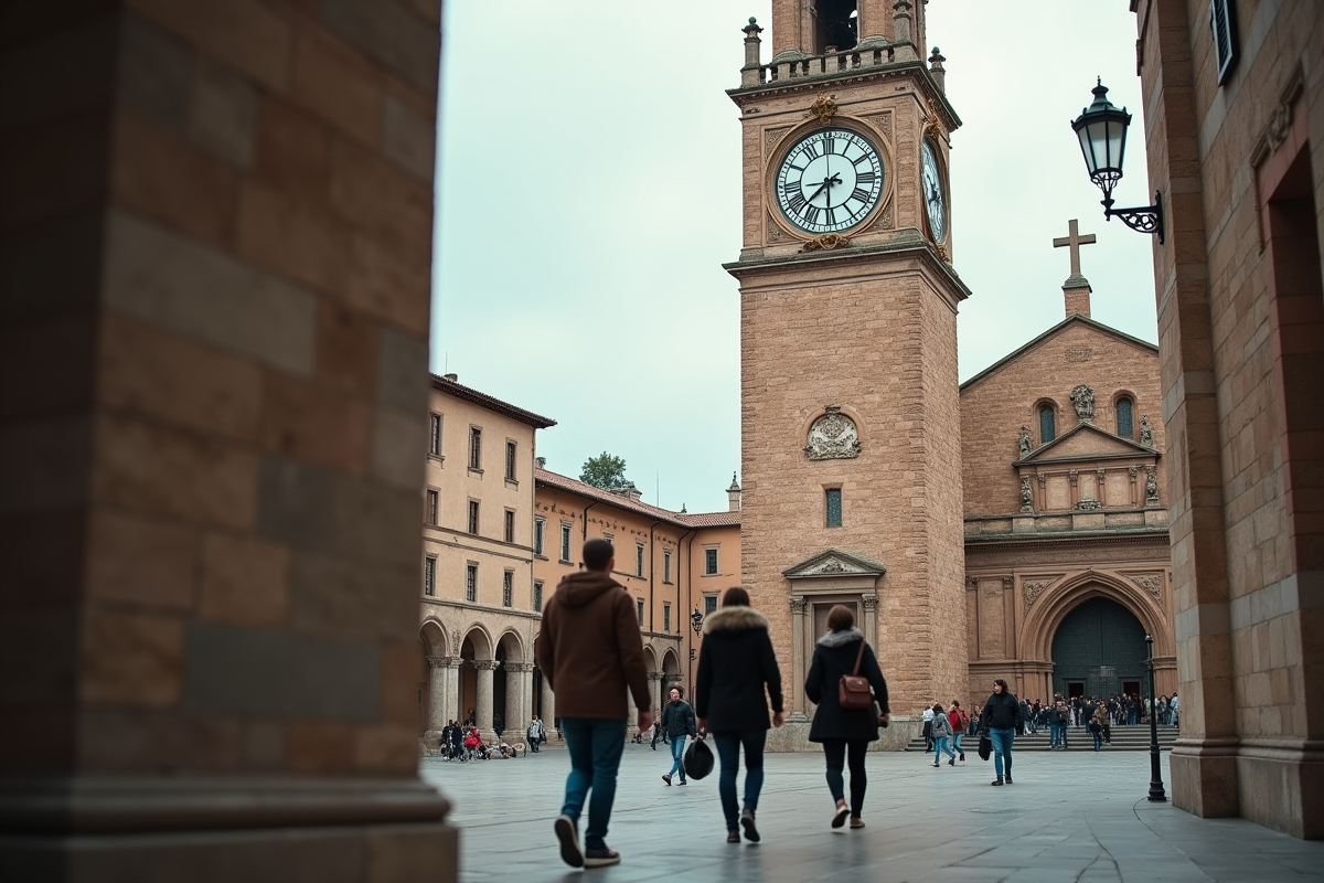 Horloge de tour ancienne sur une cathédrale vue de bas