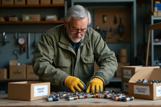 Homme triant des batteries usagées dans des boîtes de collecte dans un garage domestique pour maximiser le prix de reprise Derichebourg