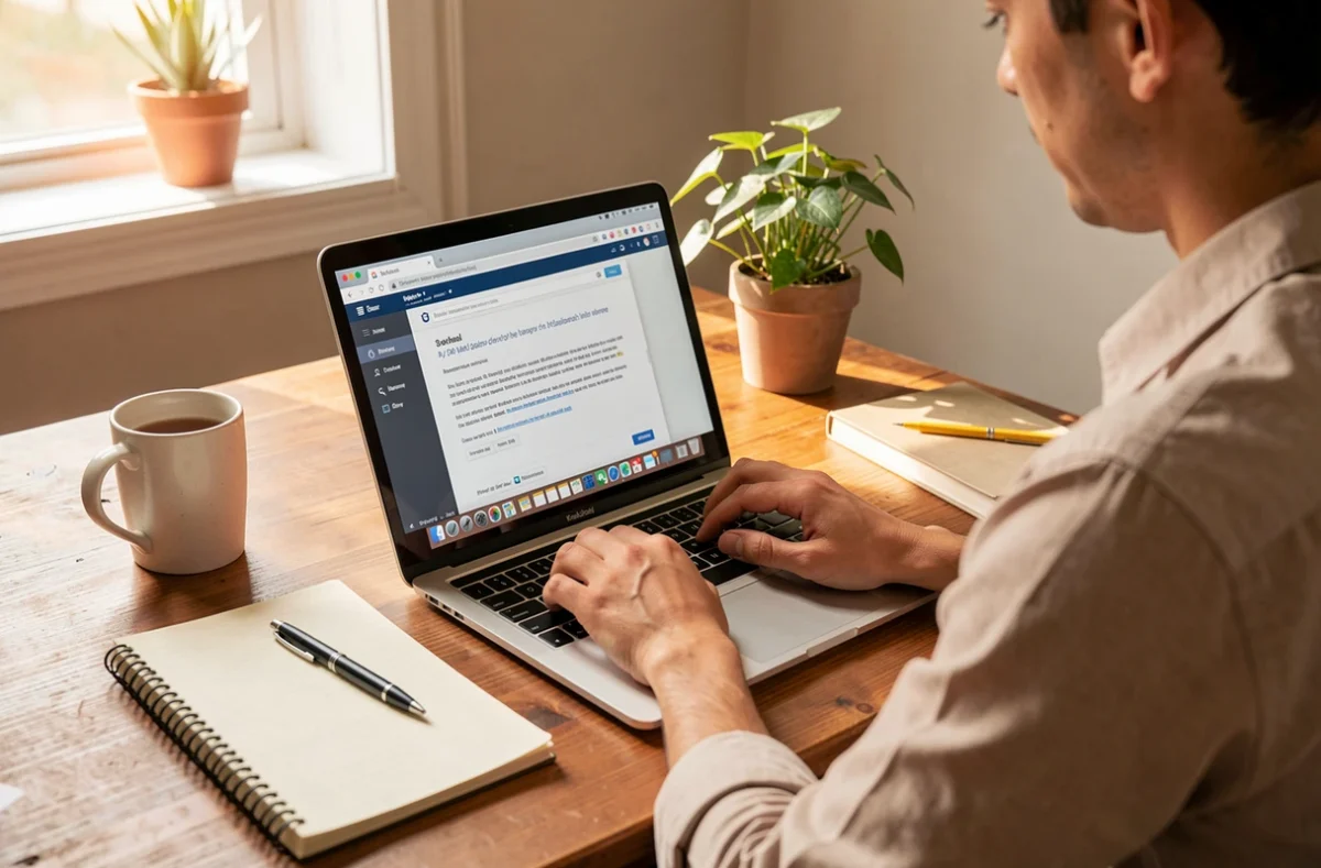 Une personne rédige un mail sur son ordinateur portable à son bureau