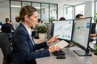 Professionnelle analysant des données de veille stratégique B2B sur un tableau de bord numérique dans un bureau moderne