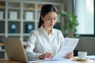 Femme vérifiant une facture avec numéro SIRET sur ordinateur portable dans un bureau professionnel