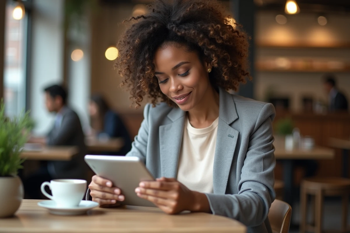 Jeune professionnelle vérifiant un numéro SIRET sur tablette dans un café urbain