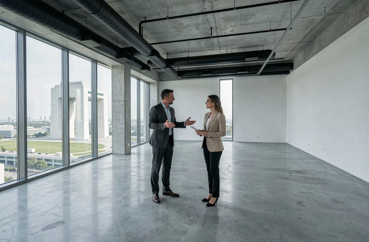 Deux professionnels visitant un bureau vide en location dans un immeuble de bureaux à La Défense en Île-de-France